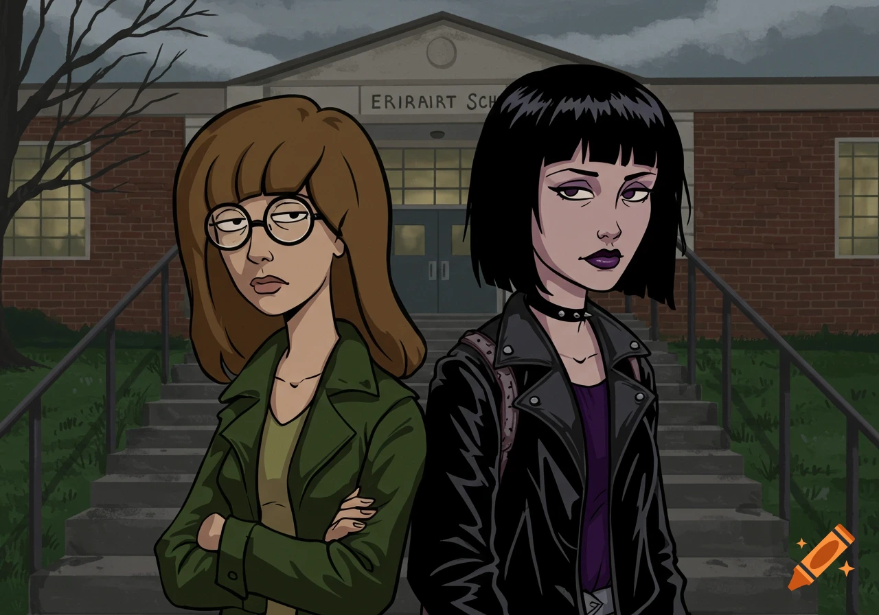 Animated image of Daria and Jane standing in front of a school building.
