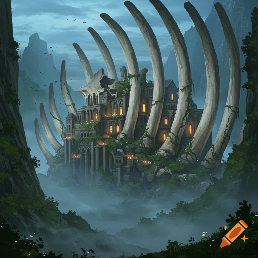 A fantasy castle built into a giant fossilized ribcage, nestled in a misty, lush green mountainous landscape at dusk.