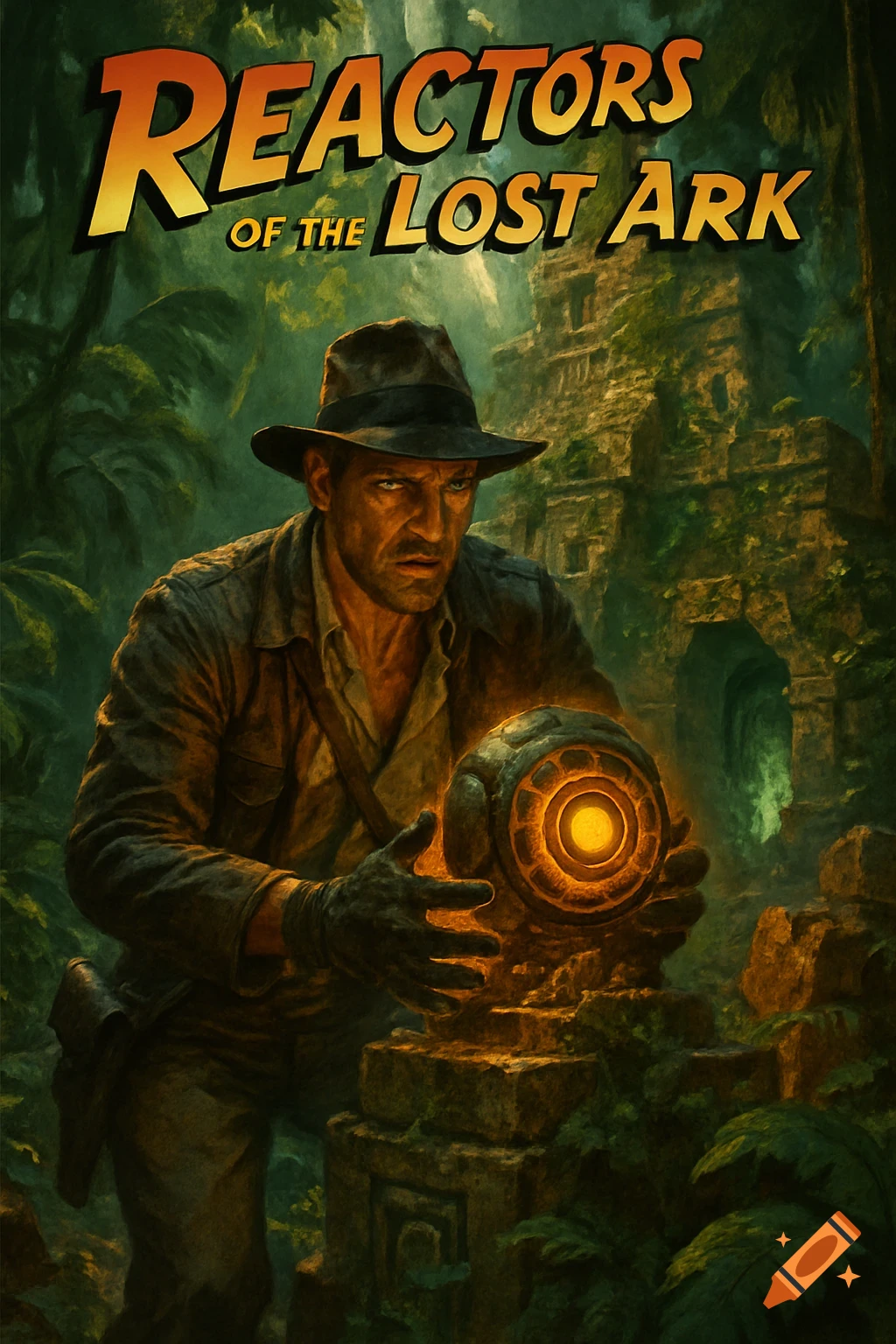 Digital painting of an adventurer, akin to Indiana Jones, holding a glowing artifact in a jungle ruin under the title 'REACTORS OF THE LOST ARK'.