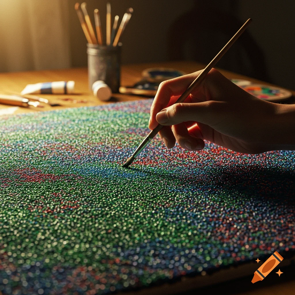 A hand holds a paintbrush, adding colorful dots in red, green, and blue to a textured canvas, with art supplies in the background.