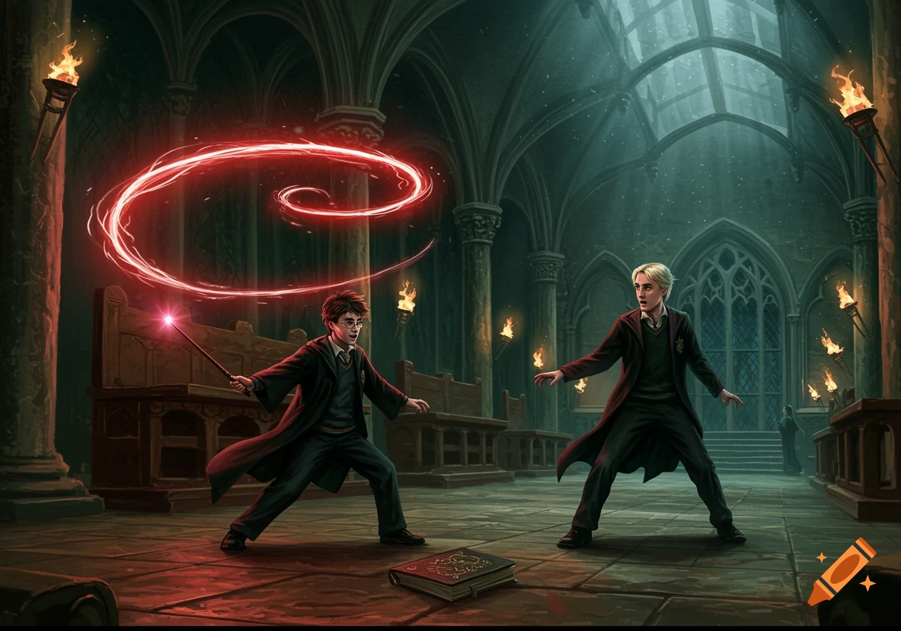 Harry Potter casts a red spell at Draco Malfoy in a dimly lit gothic hall.