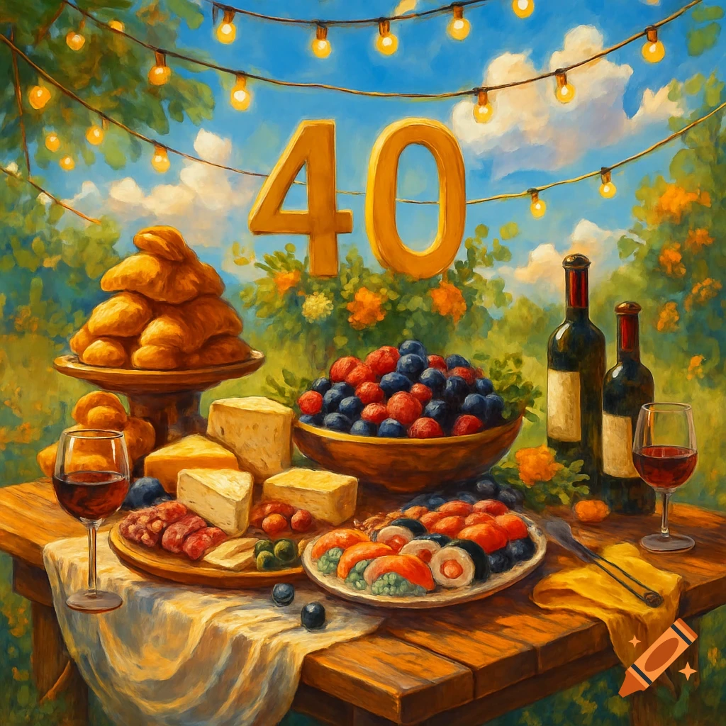 A painterly image of a wooden table laden with food and drinks for a celebration, with a large '40' in the background and string lights.