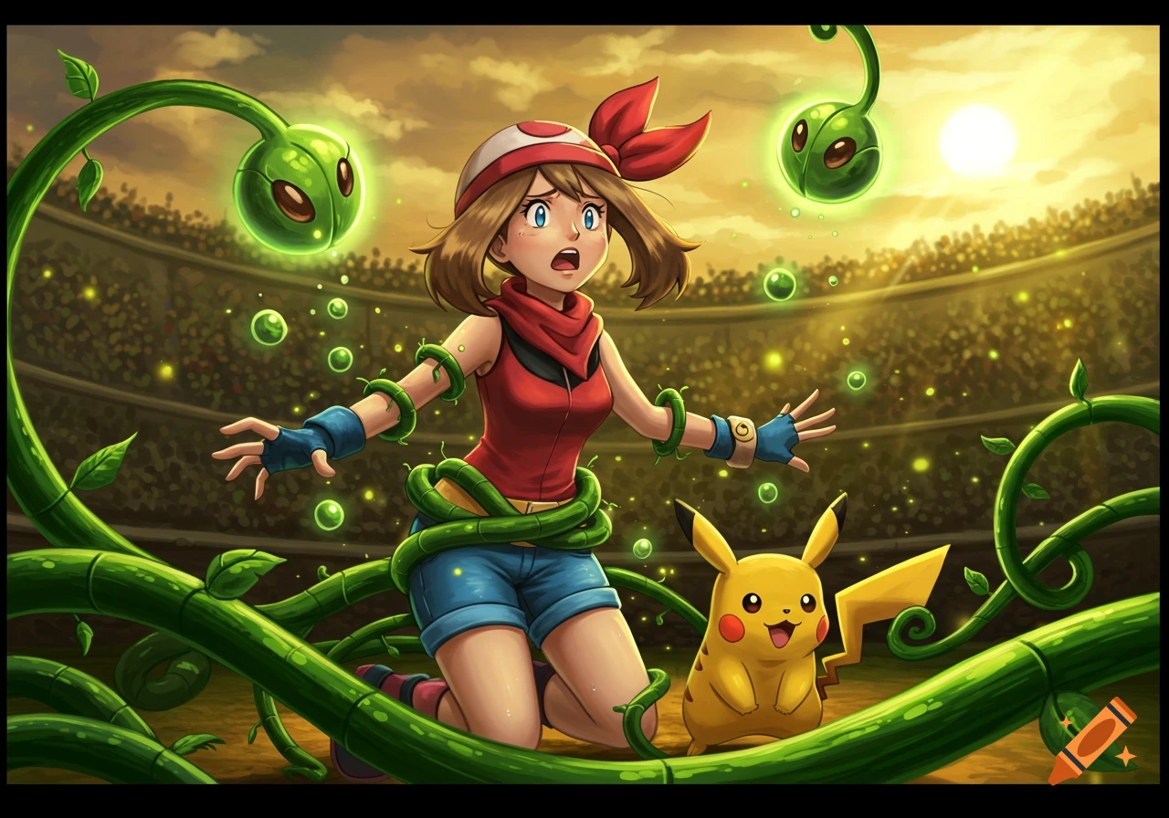 Anime illustration of Pokémon trainer May entangled by glowing green Leech Seed vines in an arena, with Pikachu beside her.