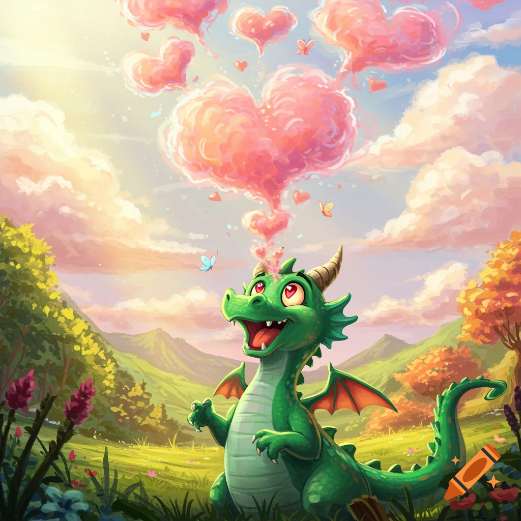 A happy cartoon green dragon exhaling pink heart-shaped smoke in a vibrant fantasy landscape with clouds and mountains.