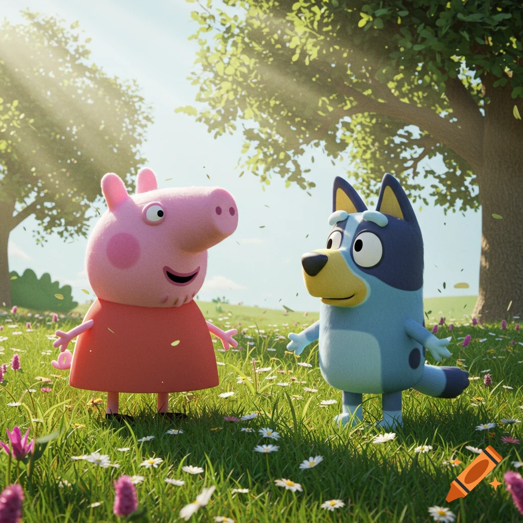 Peppa Pig and Bluey stand in a sunny, grassy field filled with wildflowers, under large trees in a realistic rendering style.