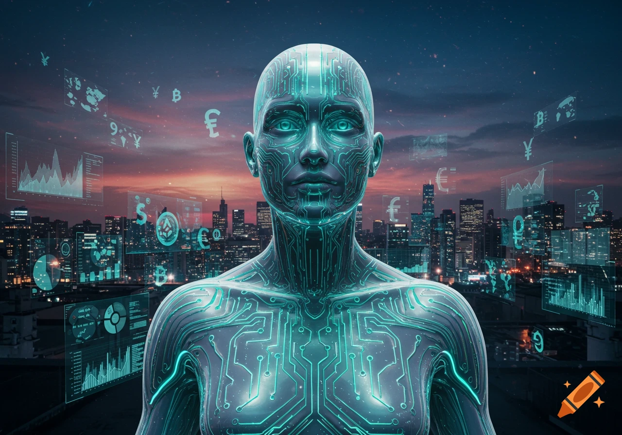 A humanoid figure with glowing teal circuit patterns stands before a futuristic cityscape at dusk, surrounded by holographic screens displaying financial data and crypto symbols.