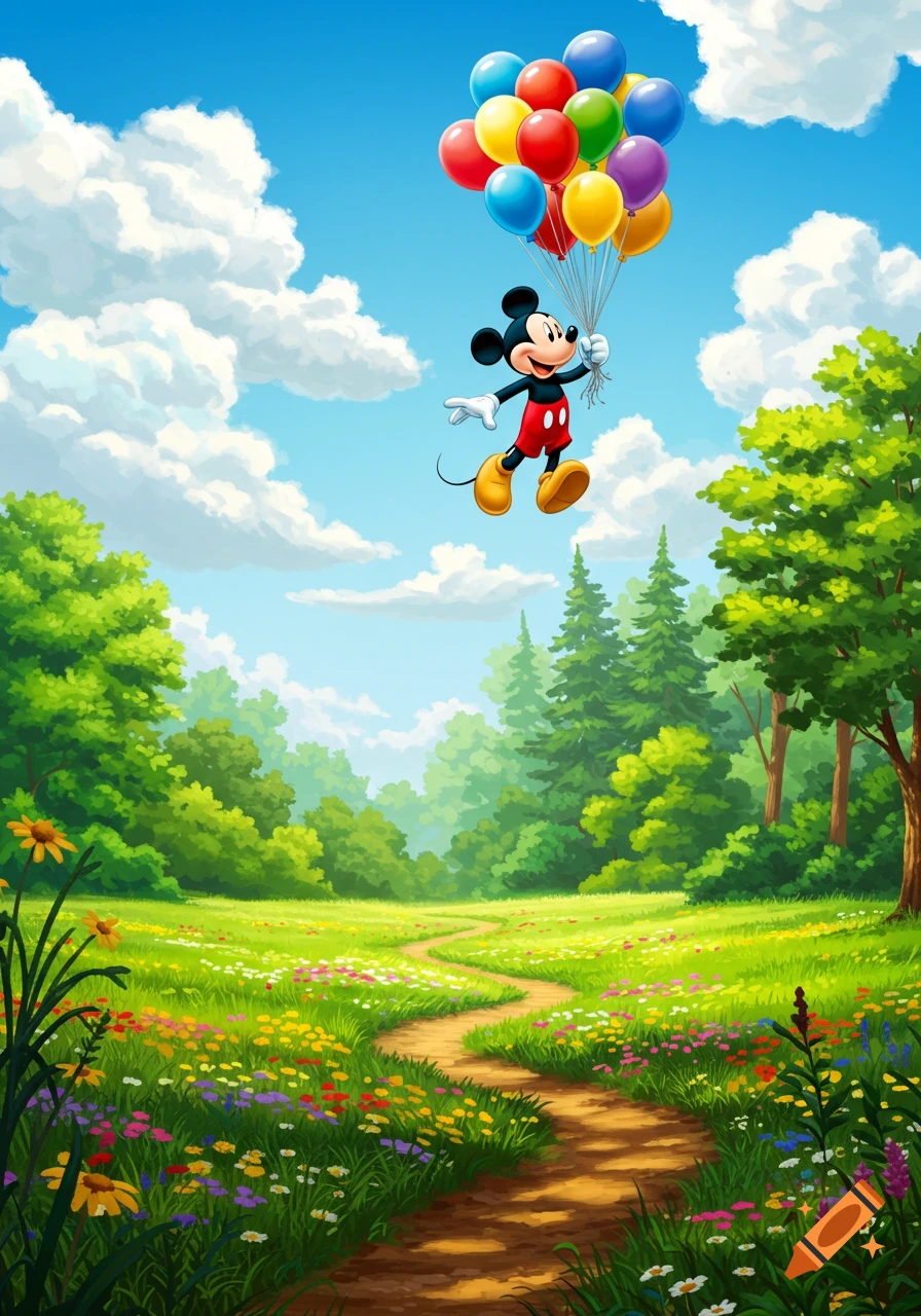Cartoon Mickey Mouse floats with colorful balloons over a vibrant green meadow with flowers and a winding path, under a blue sky.