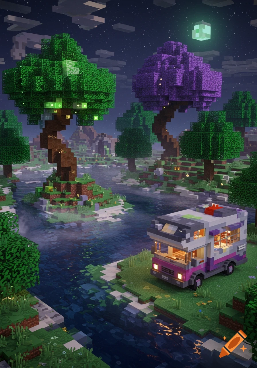 A camper van parked by a river in a mystical, blocky Minecraft landscape at night with glowing green and purple trees.