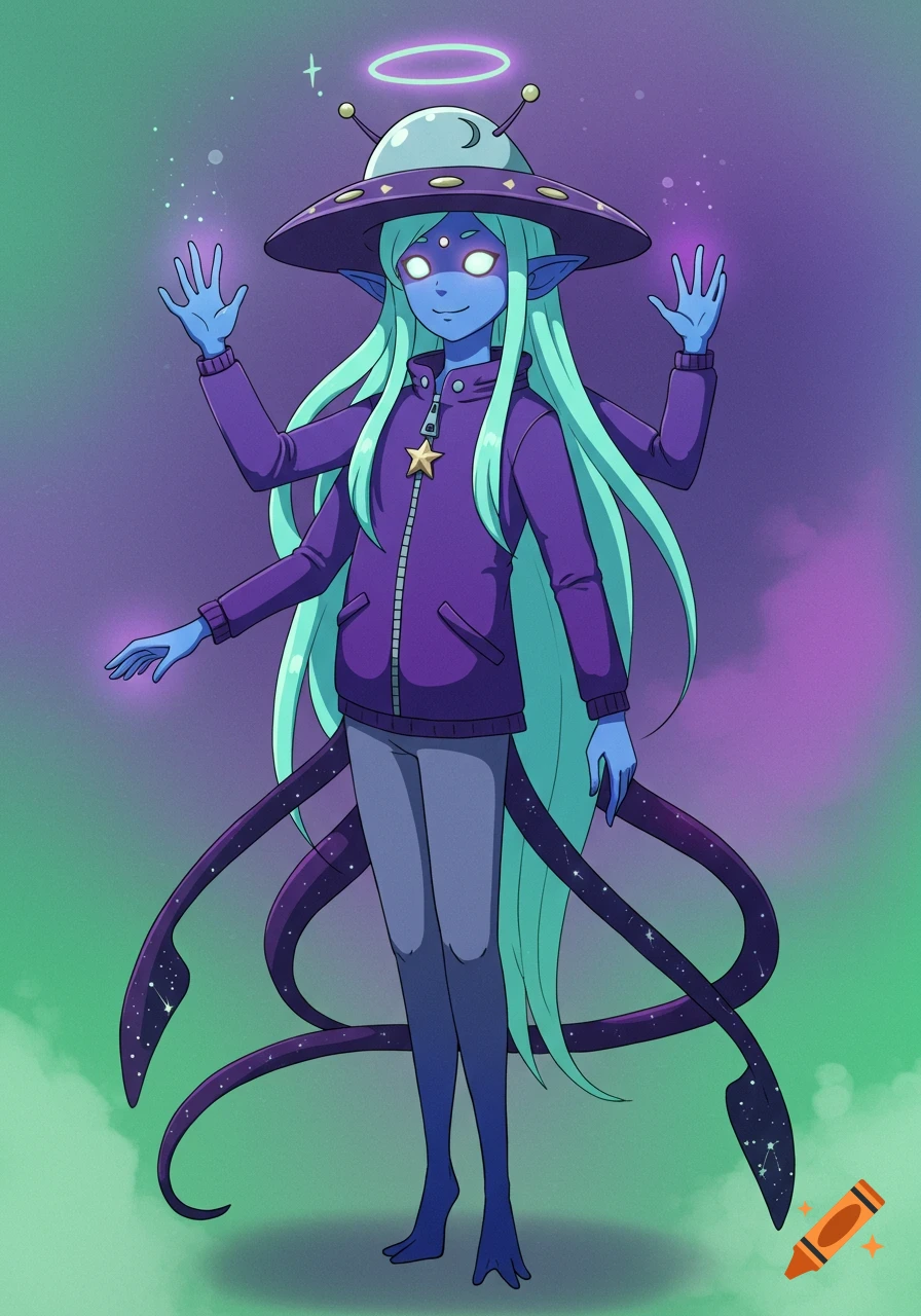 An anime-style alien character with blue skin, four arms, and long teal hair, wearing a purple jacket and a UFO hat with a halo. She has three starry tails.