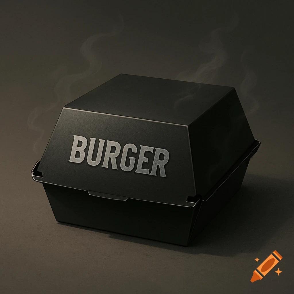 A black burger box with the word 'BURGER' on the lid, emitting light steam against a dark background.