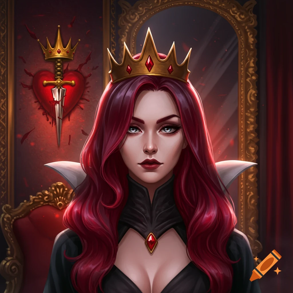 A striking digital fantasy art portrait of an evil queen with long red hair and a crown, seated in a lavish palace with a heart pierced by a dagger on the wall.