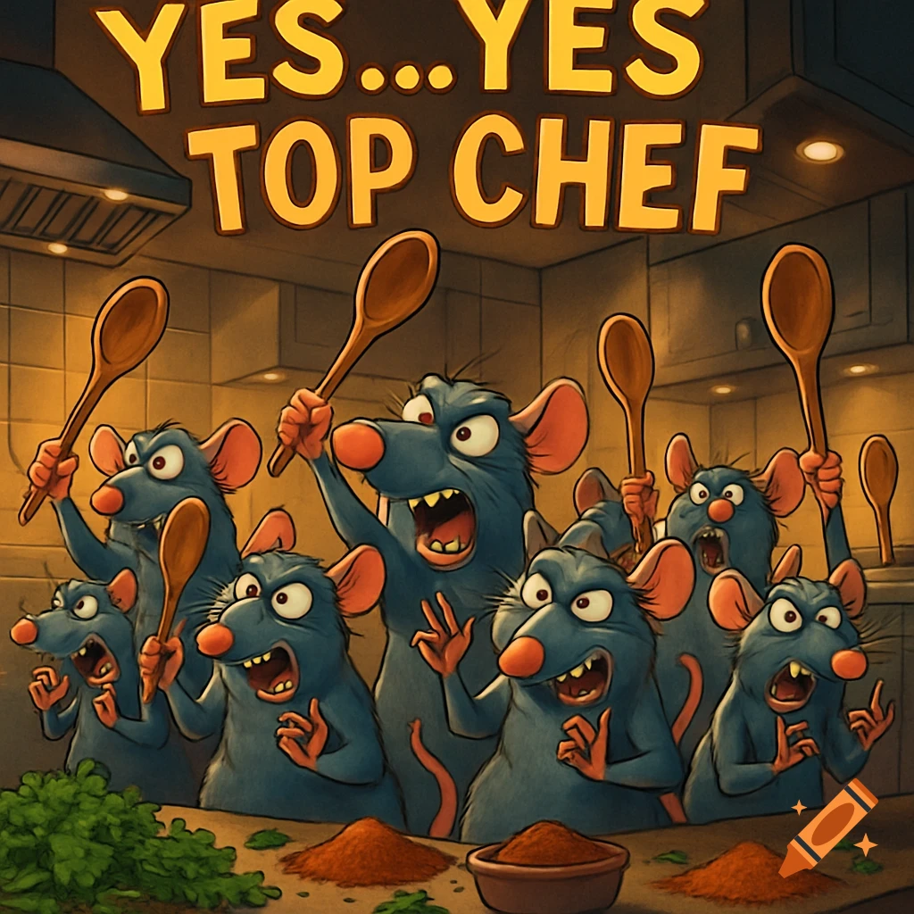 Cartoon blue rats in a kitchen hold wooden spoons and cheer, with text 'YES...YES TOP CHEF' above.