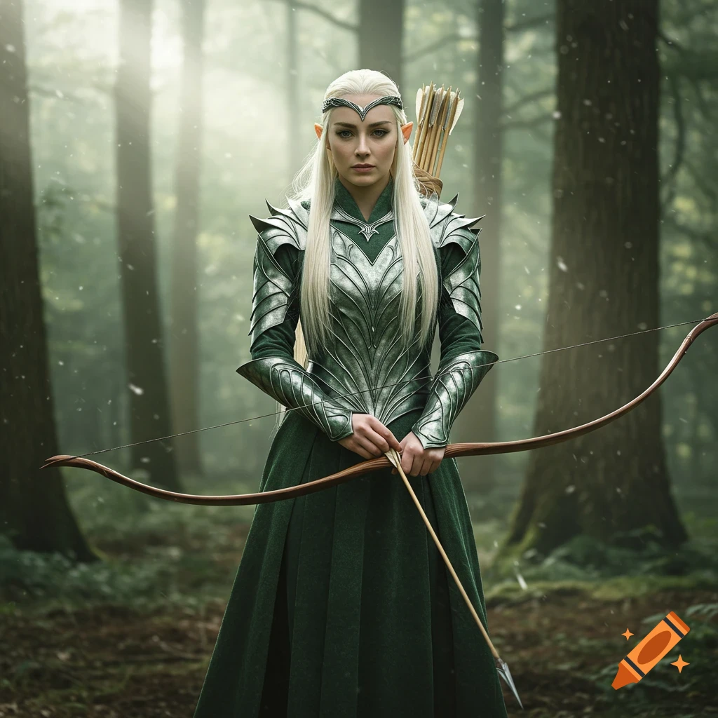 A female elf warrior with long blonde hair, wearing green and silver armor, holding a bow in a misty forest.