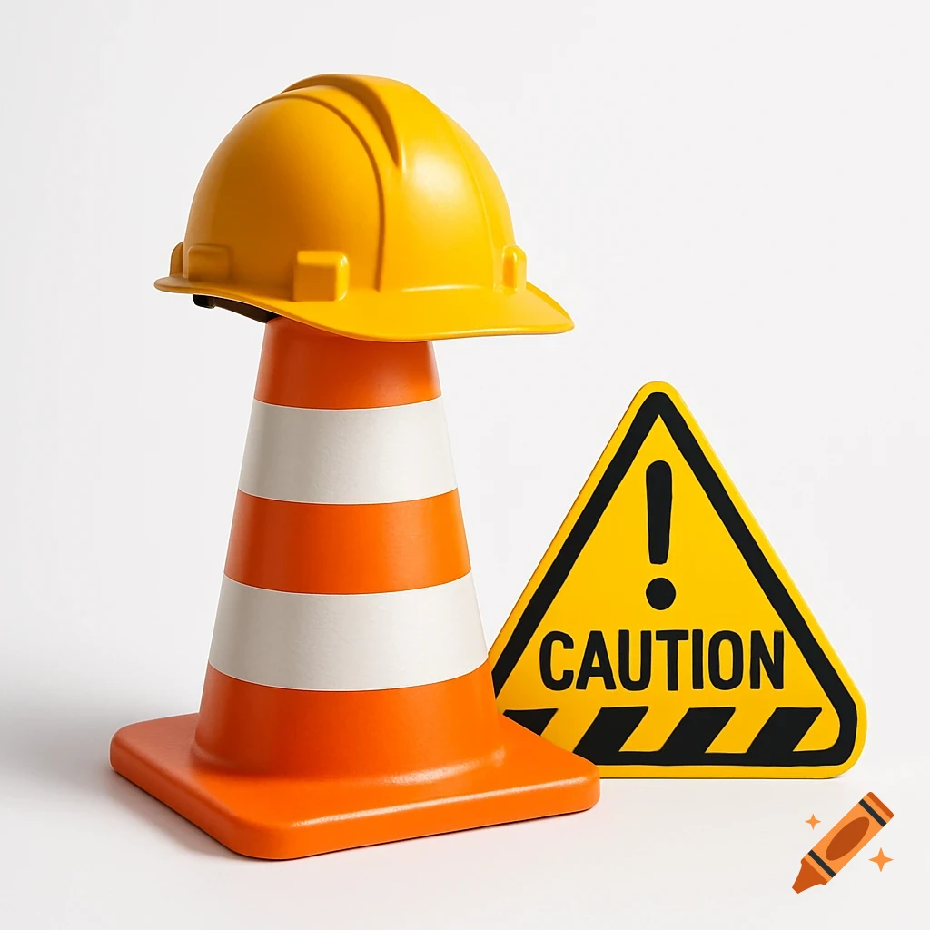 A yellow hard hat rests atop an orange traffic cone, with a yellow triangular 'CAUTION' sign nearby on a white background.