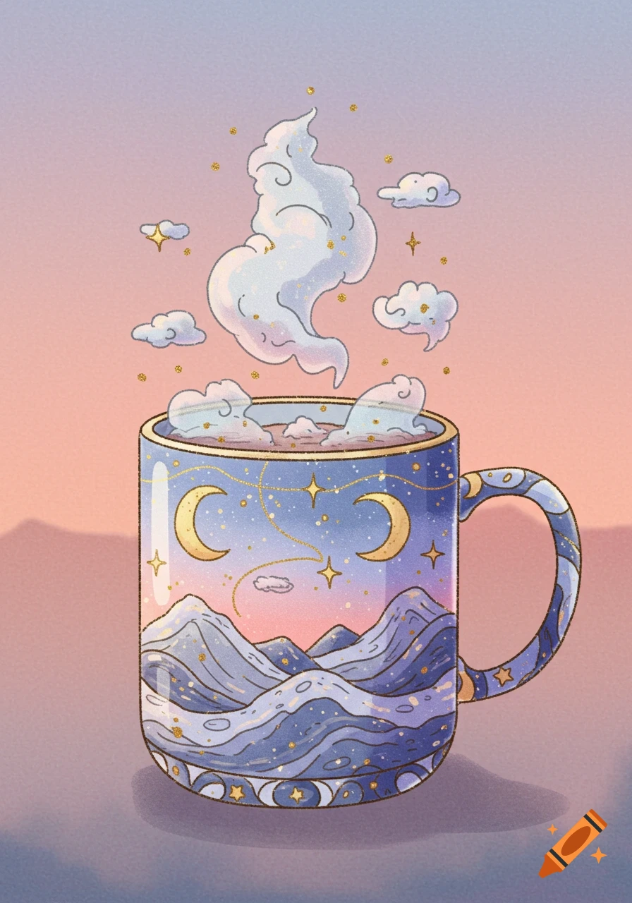 A dreamy illustration of a fantasy mug with mountains, moons, and stars inside, and clouds rising from it against a sunset sky.