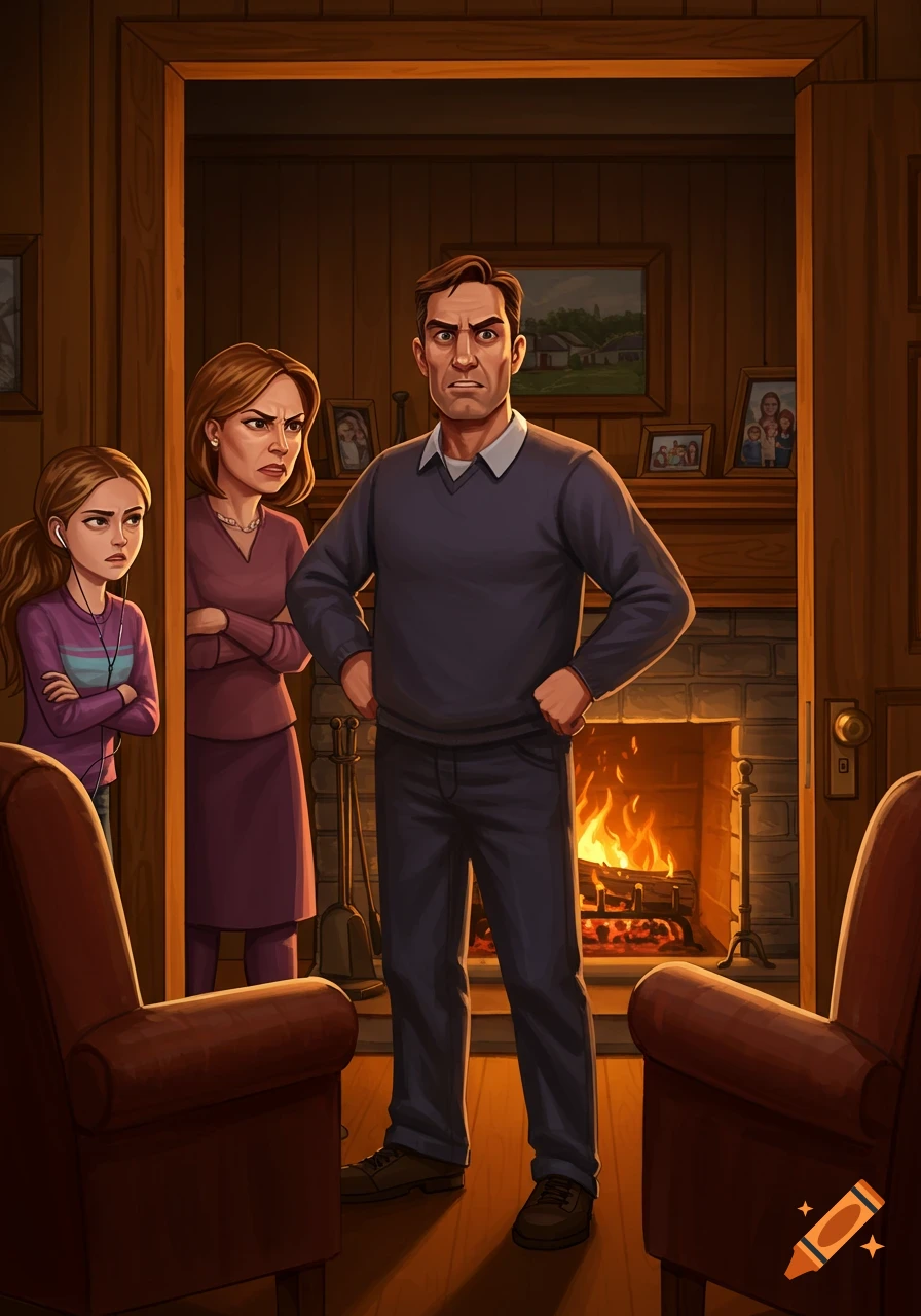 An illustrated angry family, consisting of a man, woman, and young girl, standing in a doorway in a living room with a fireplace.