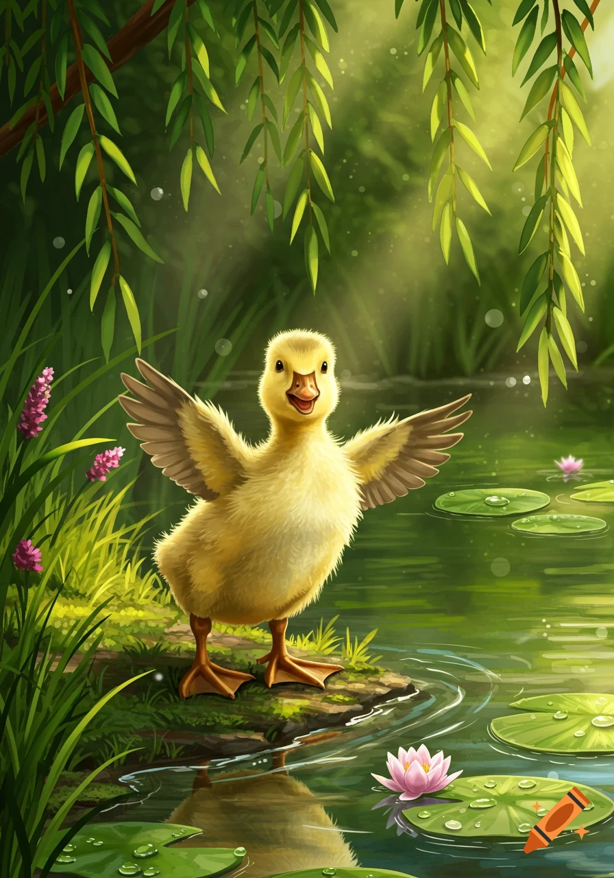 A happy yellow duckling with outstretched wings stands by a pond with lily pads and a pink water lily, bathed in sunlight under hanging willow branches.