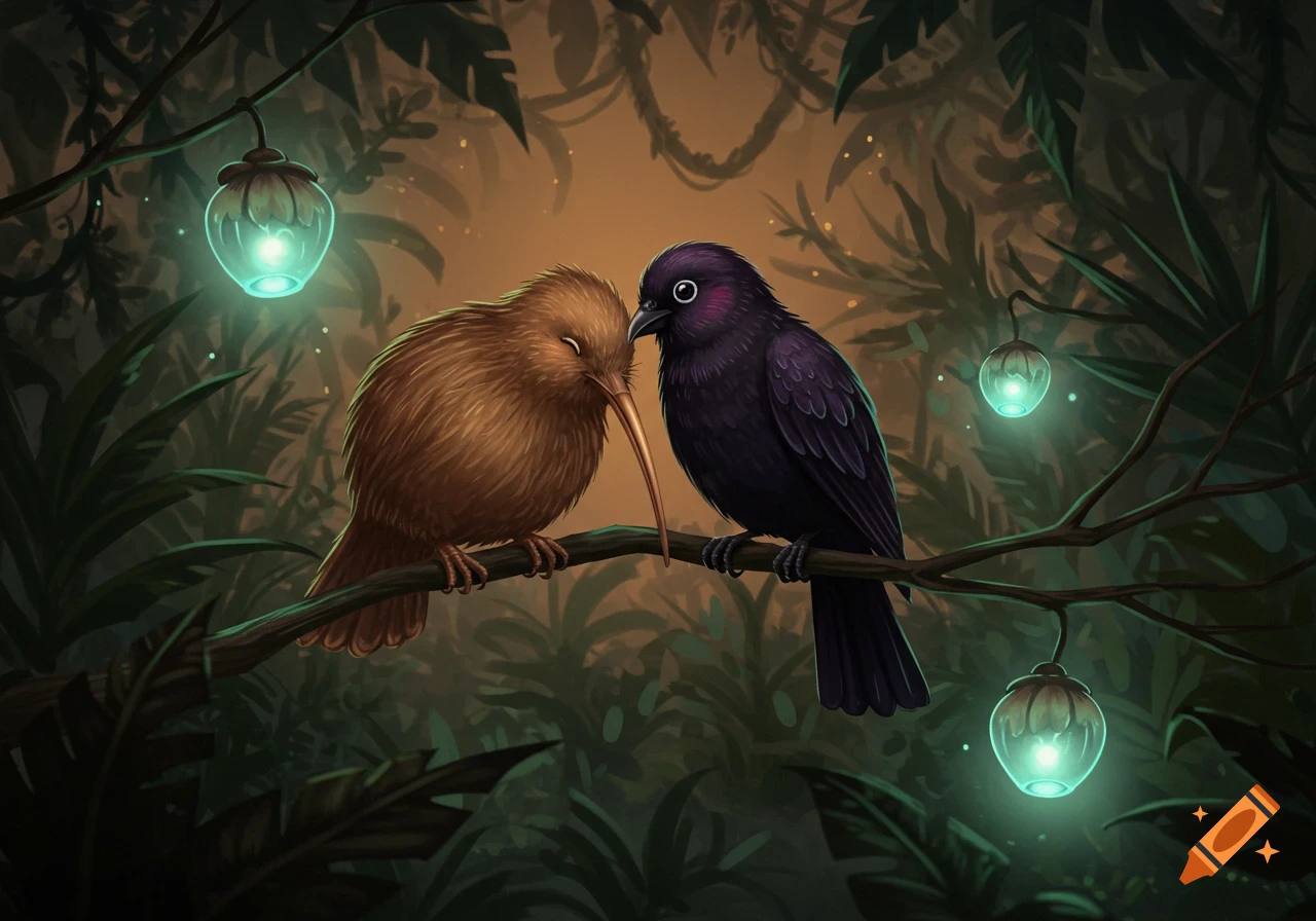 A brown kiwi bird and a dark purple bird touch beaks on a branch in a mystical jungle, illuminated by glowing teal lanterns.