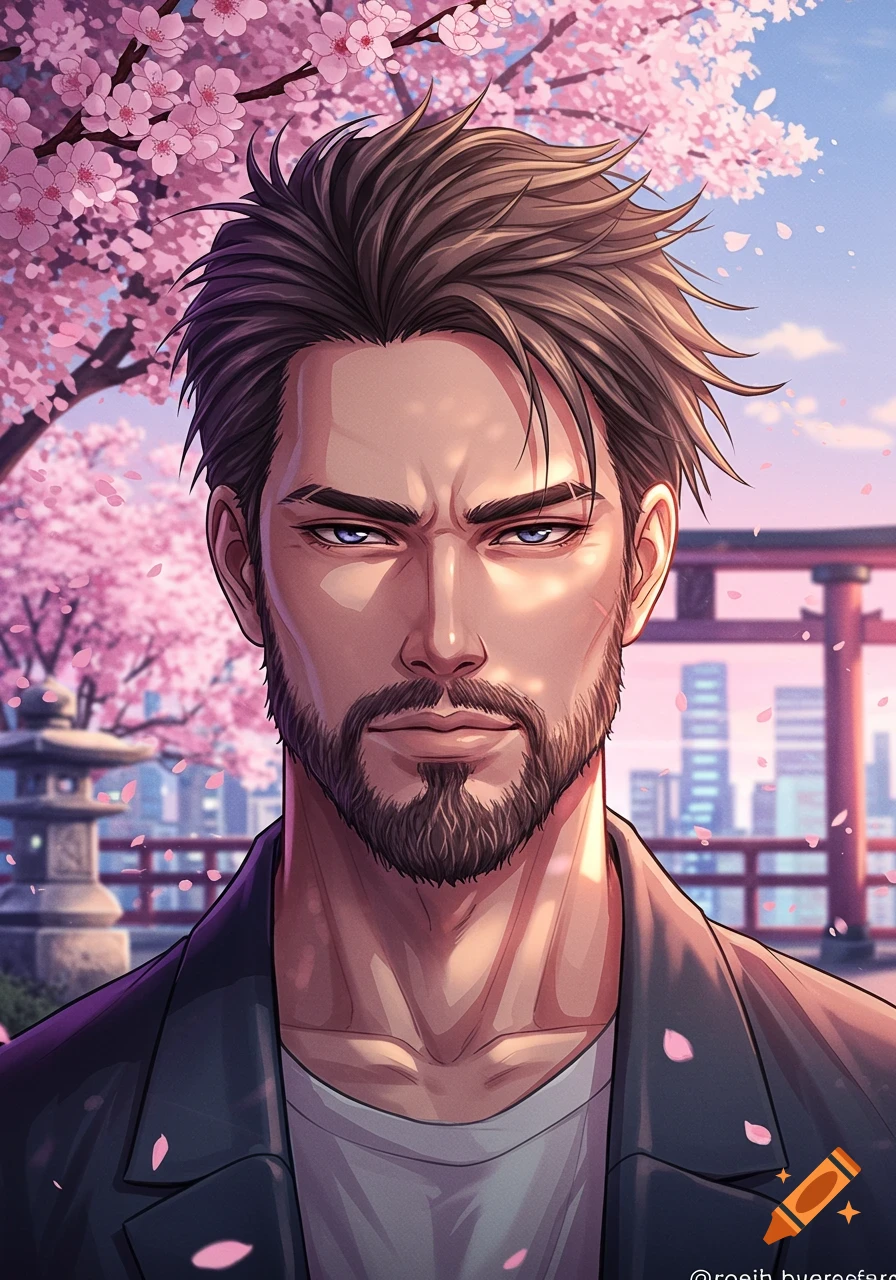 An anime style portrait of a man with a beard and spiky hair, standing in front of cherry blossom trees.