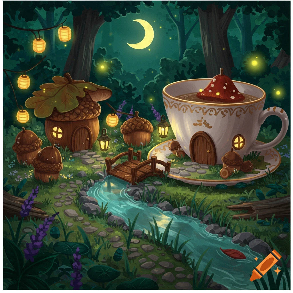 A whimsical illustration of a moonlit fairy village with an acorn house and a teacup house next to a stream, surrounded by glowing lanterns in a forest.