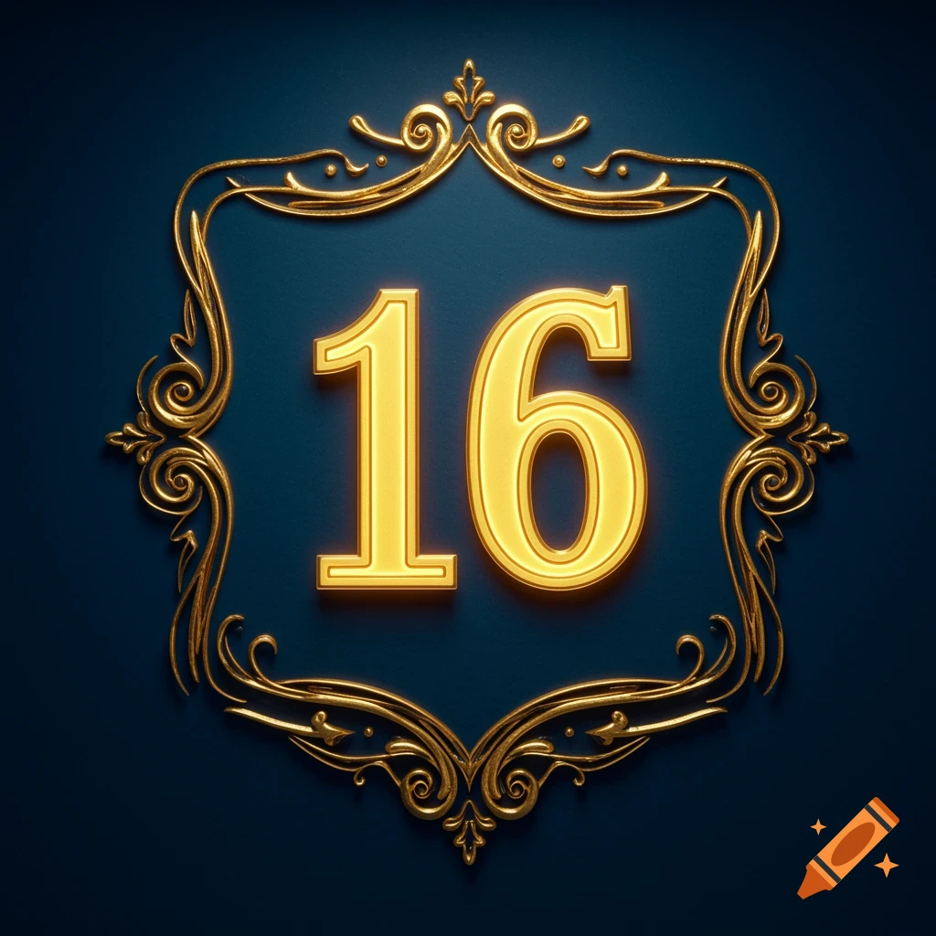 A shiny golden number 16 centered in an ornate, elegant golden frame on a deep blue background.