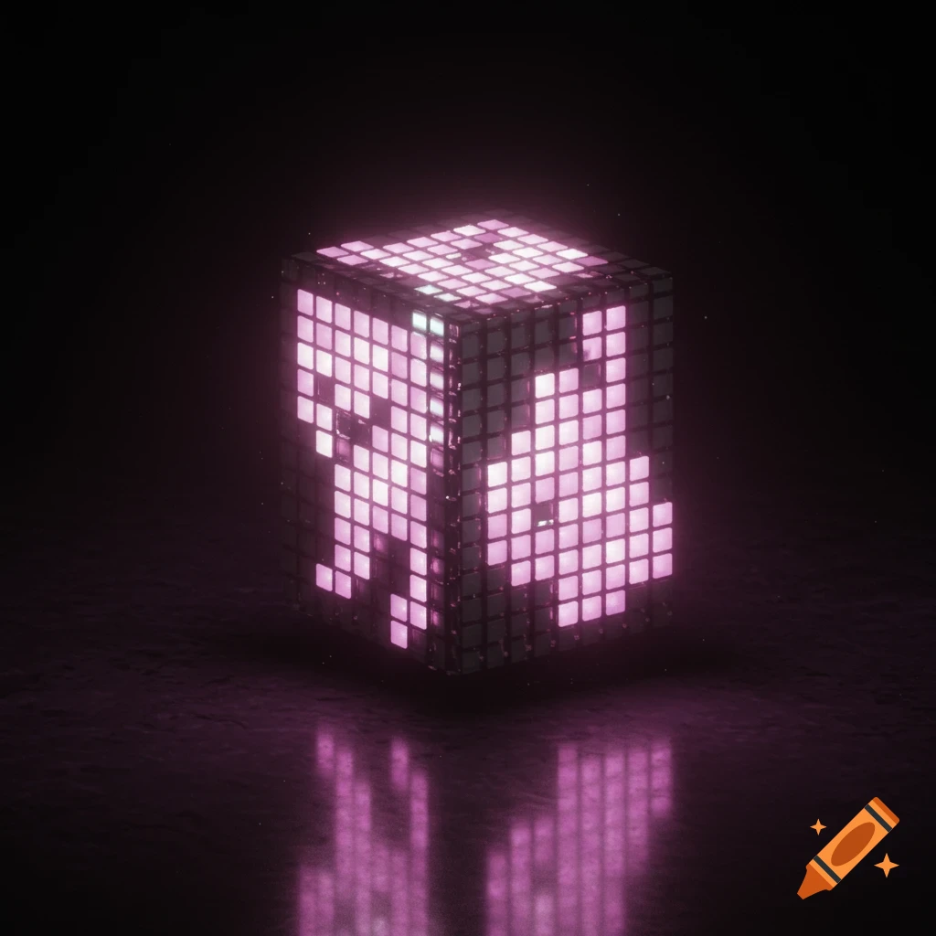 A glowing pink LED matrix cube displaying a pixelated cat face in a dark setting.