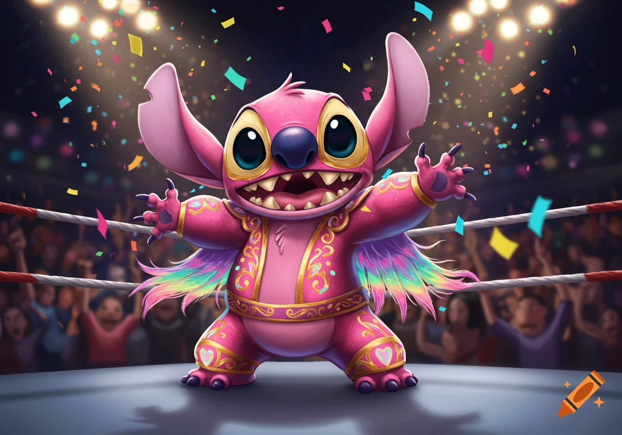 Pink Stitch in a vibrant luchador costume stands in a wrestling ring with confetti and a blurred crowd.