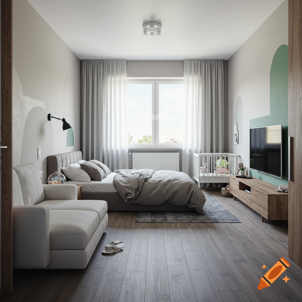 Photorealistic image of a modern bedroom with a large bed, a white crib, a light grey sofa, and a wall-mounted TV.