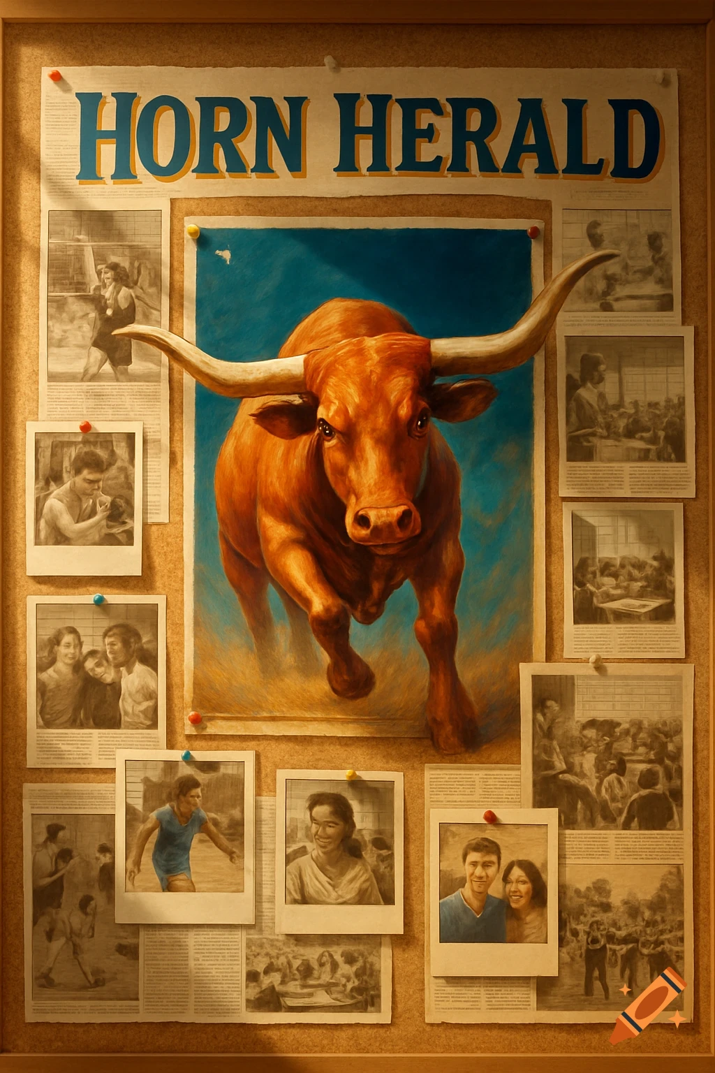 A bulletin board features a large painting of a longhorn bull, surrounded by black and white newspaper clippings and photos of students. The title reads 'HORN HERALD'.