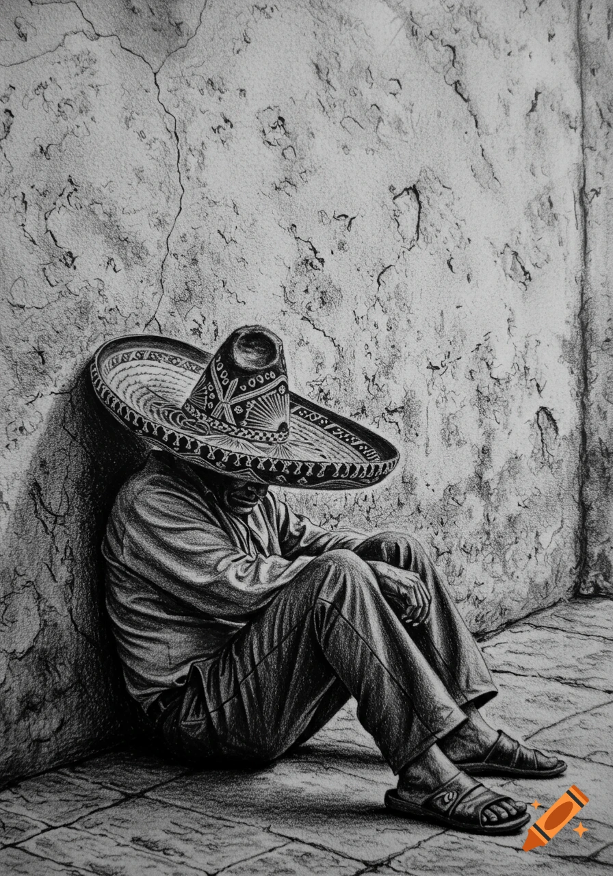 Charcoal sketch of a man in a sombrero, sleeping against a cracked wall, wearing sandals.