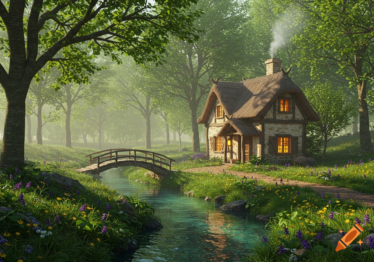A cozy, detailed cottage with a thatched roof by a clear stream and wooden bridge in a lush, misty green forest.