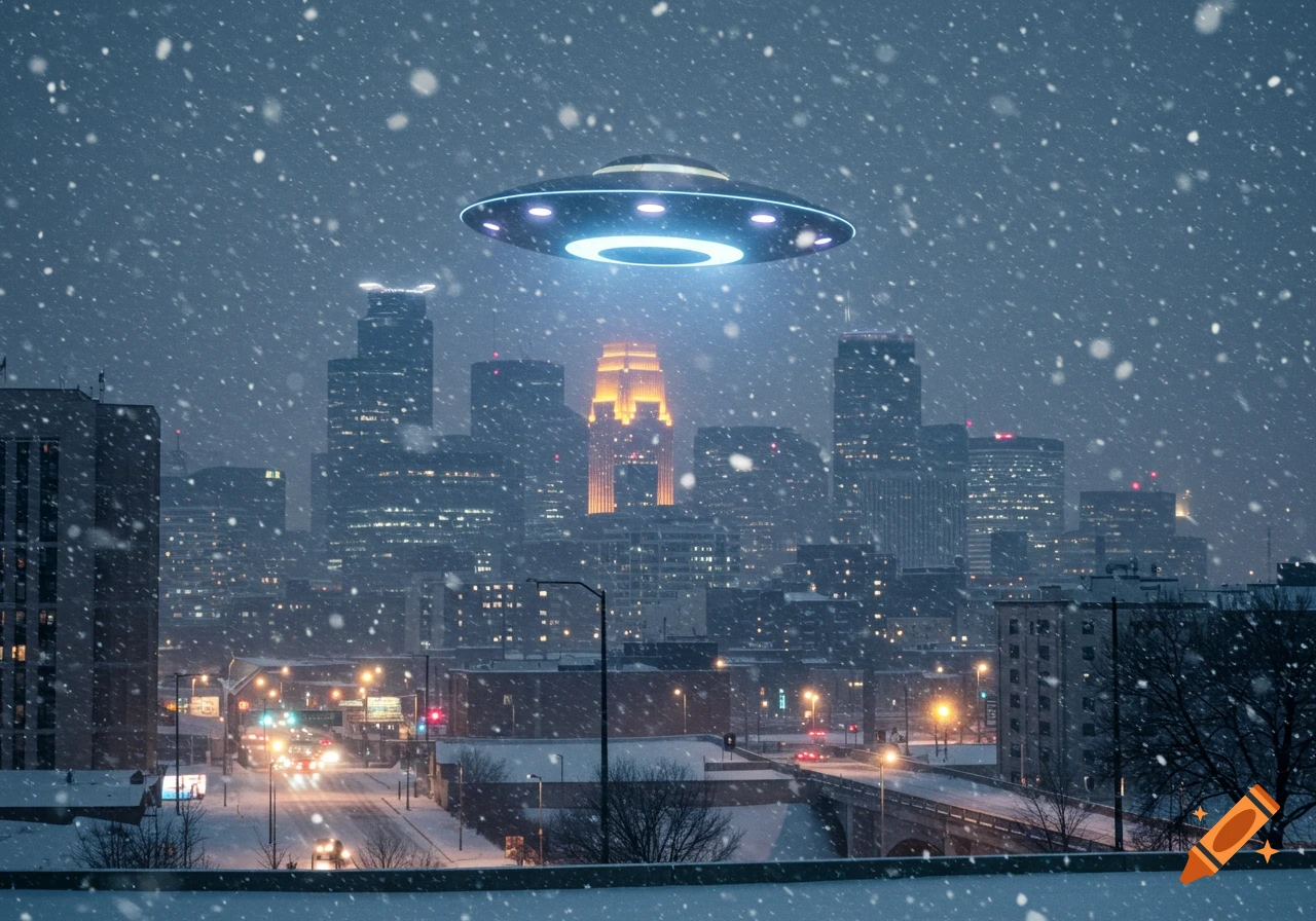 A retro flying saucer hovers over the snow-covered Minneapolis skyline during a snowstorm.