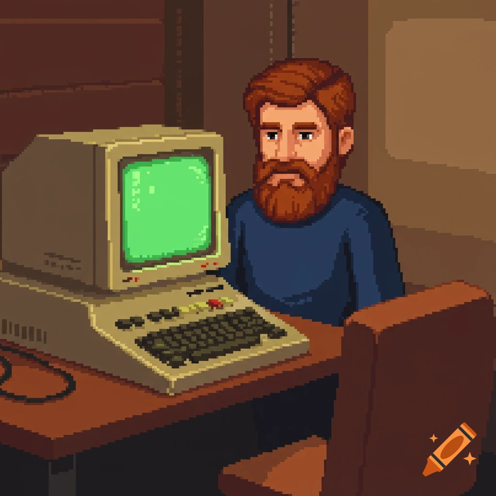 An 8-bit pixel art image of a bearded man sitting at a vintage computer with a blank green screen.