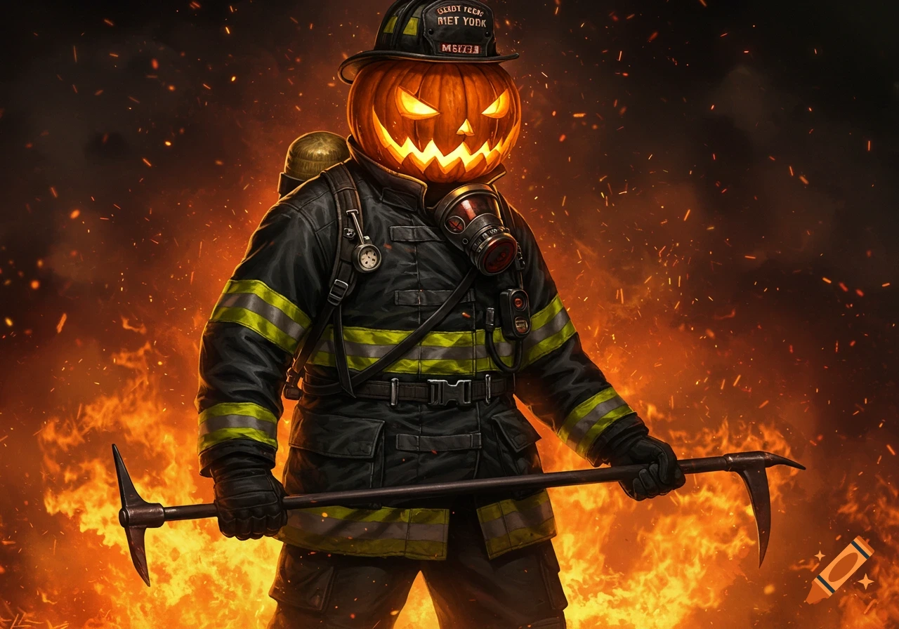 A firefighter with a glowing pumpkin head wears black bunker gear and a gas mask, holding a pike pole amidst a fiery background.