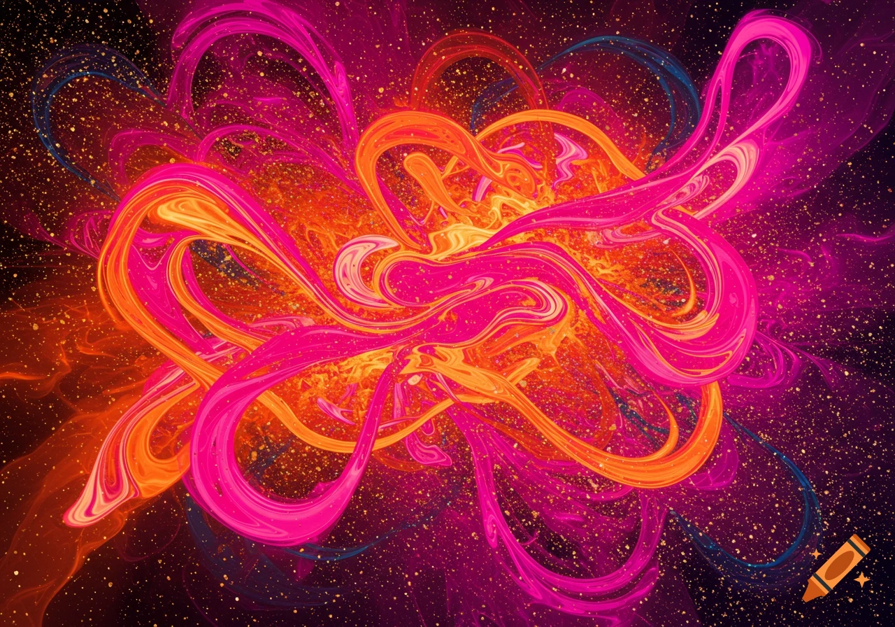 Vibrant abstract art with swirling pink and orange ribbons and golden speckles on a dark background.