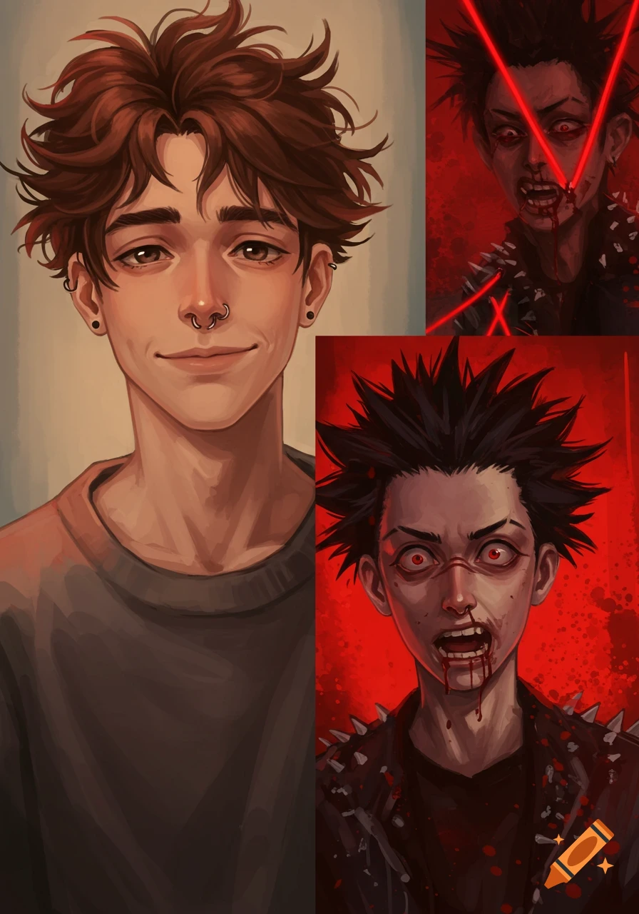 A split digital artwork showing two male characters. On the left, a smiling young man with messy brown hair and piercings. On the right, a character with spiky black hair, red eyes, blood, and a spiked jacket against a red background.