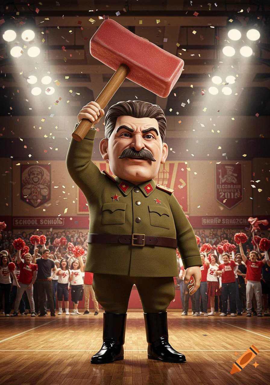 A cartoonish, big-headed Joseph Stalin in a military uniform holds a large red mallet over his head on a basketball court, surrounded by cheering high school students and falling confetti, under bright stadium lights.