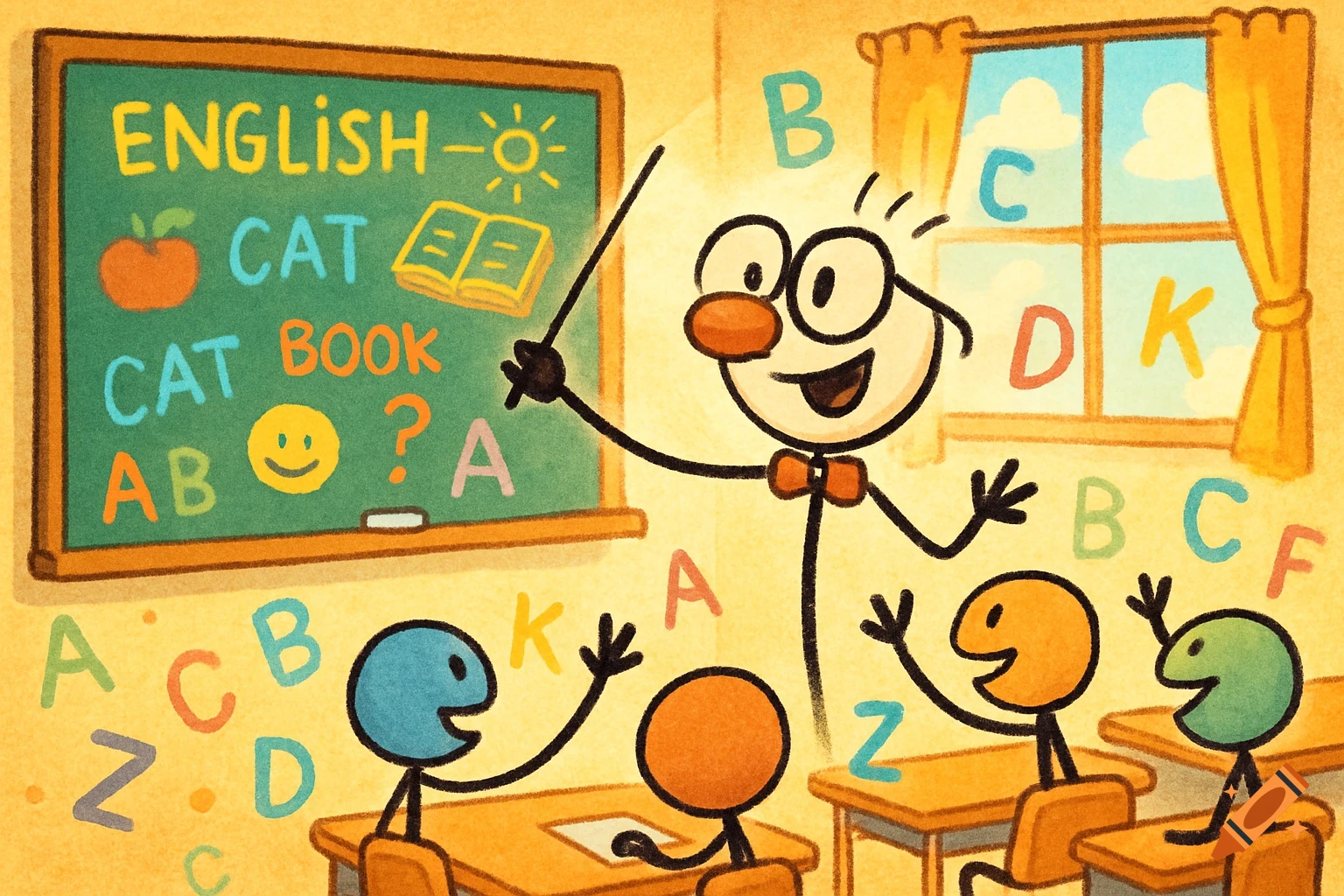 Cartoon stick figure teacher points at a blackboard with 'ENGLISH' written on it, while stick figure students raise their hands in a classroom.