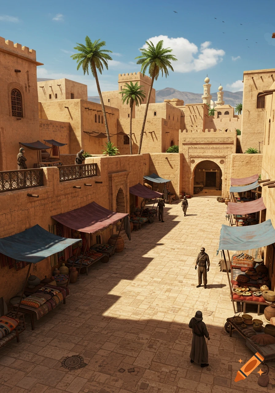 A photorealistic depiction of a desert city market with sand-colored buildings, palm trees, and small stalls under a bright blue sky.