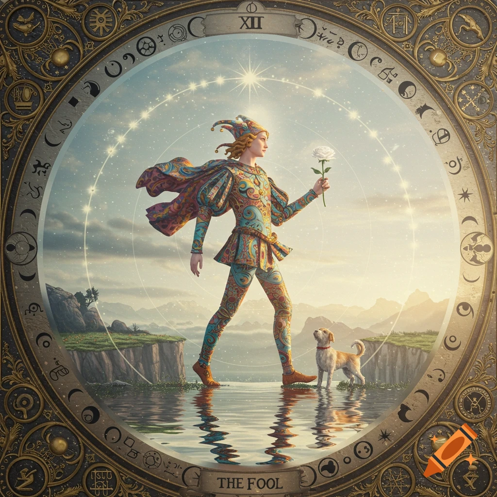 A vibrant tarot card depicting The Fool, a jester in colorful attire walking on water with a dog, framed by celestial symbols.