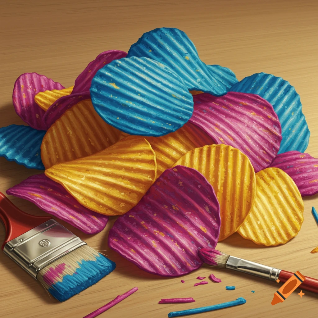 A colorful pile of ridged potato chips in blue, pink, yellow, and purple on a wooden surface, with paintbrushes and splattered paint around them.