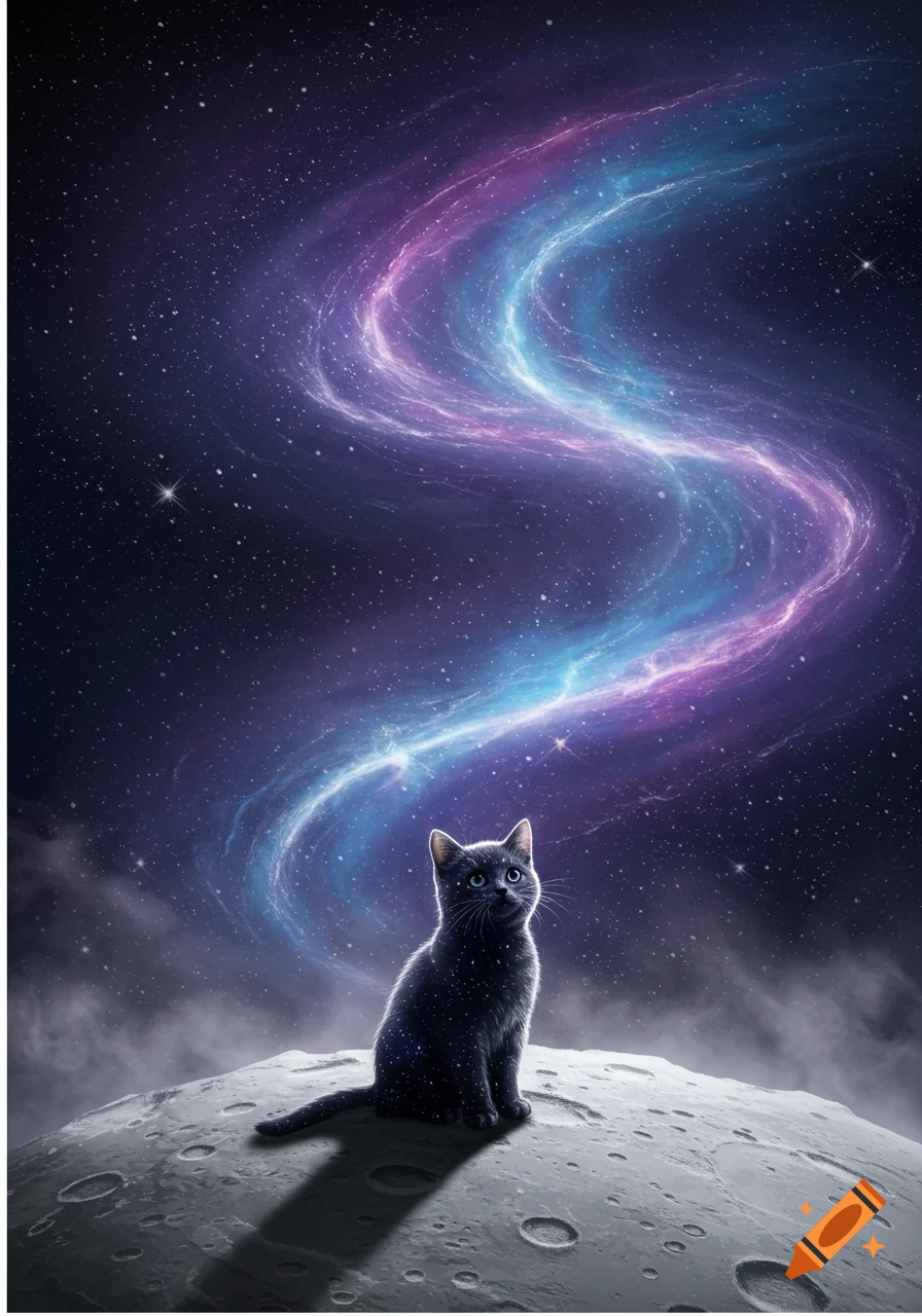 A black cat with blue eyes sits on the moon, looking up at a swirling galaxy of purple and blue amidst a starry night sky.