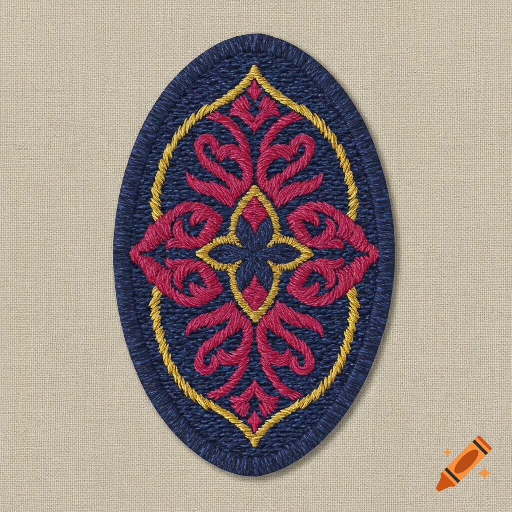 Oval-shaped dark blue fabric patch with ornate gold and pink embroidery on a beige background.