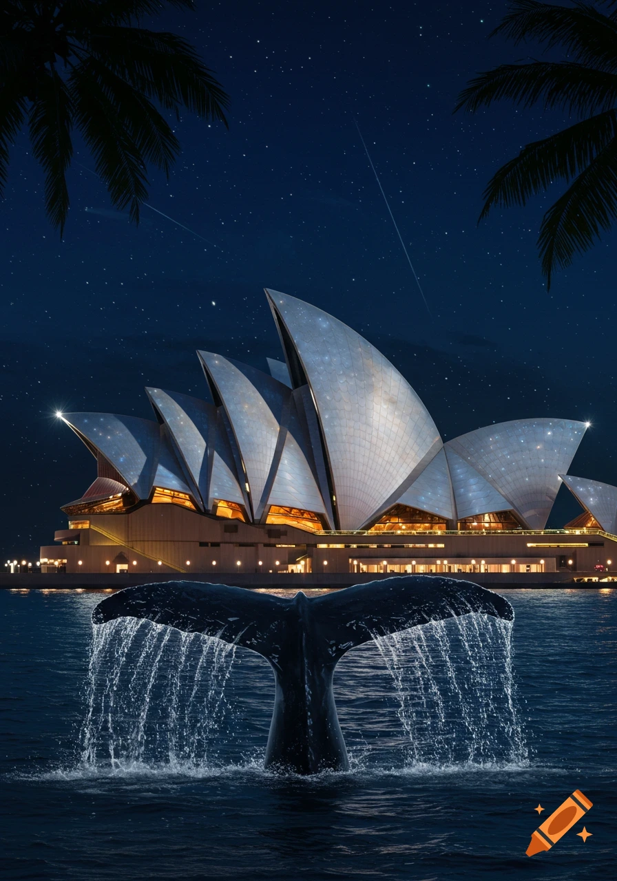 Illuminated Sydney Opera House at night with a whale's tail splashing in the water foreground under a starry sky.