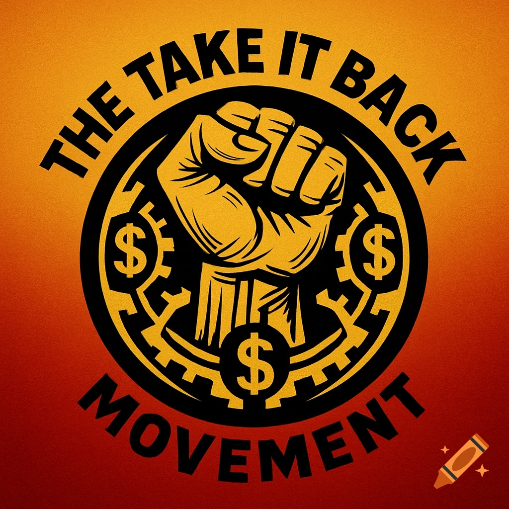 A logo with a golden raised fist inside black gears, dollar signs, and the text 'THE TAKE IT BACK MOVEMENT' on an orange to red background.