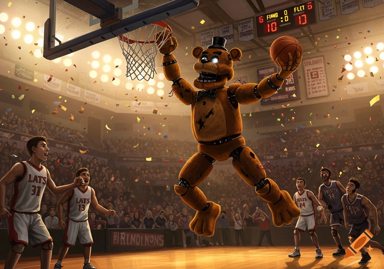 Freddy Fazbear, a brown animatronic bear, dunks a basketball in a stadium filled with cheering fans and confetti, while human players watch.