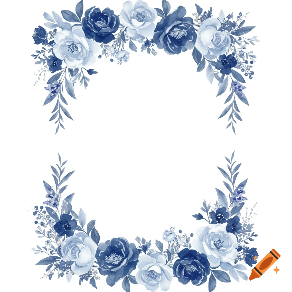 Blue watercolor floral page borders with flowers and leaves at the top and bottom.