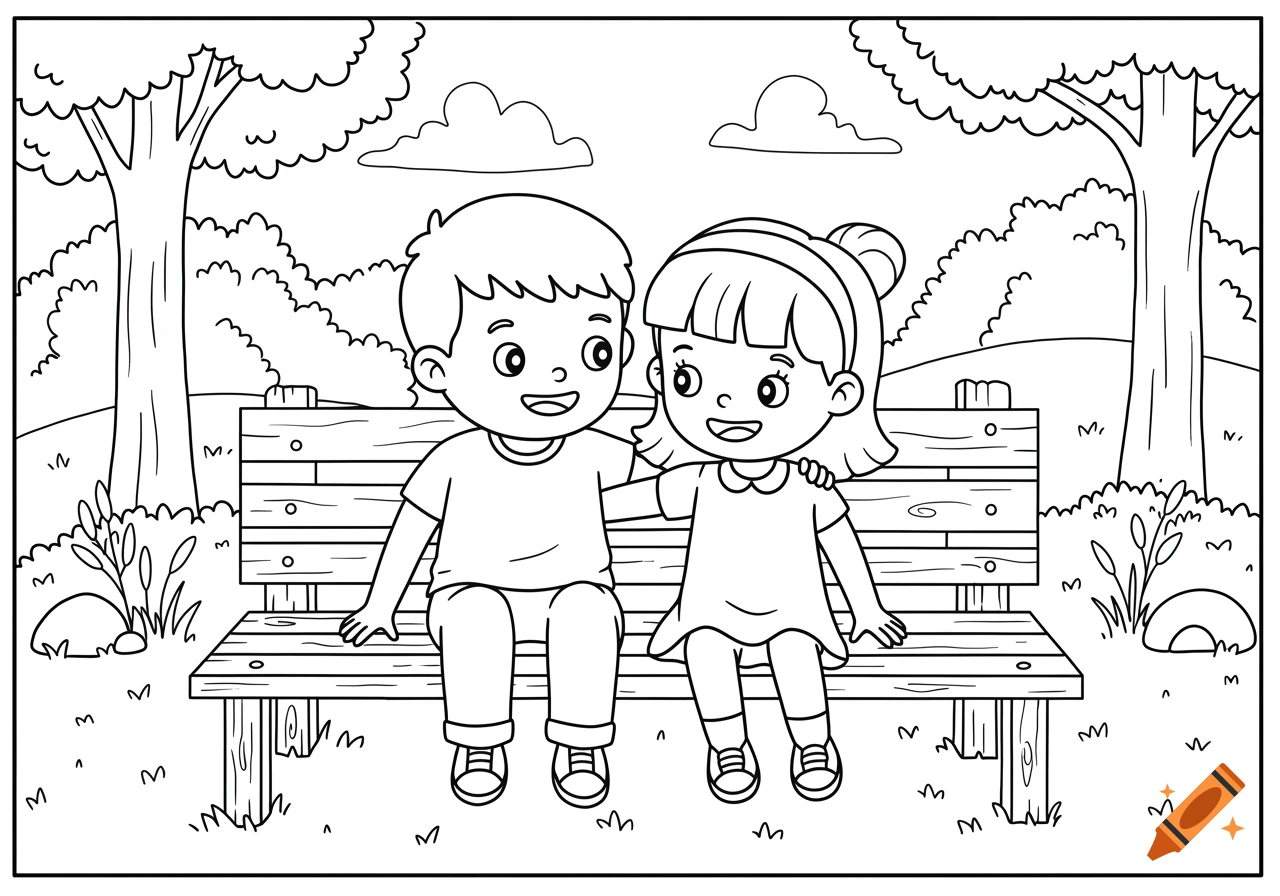 Black-and-white cartoon coloring page of a boy and girl sitting on a bench outdoors.