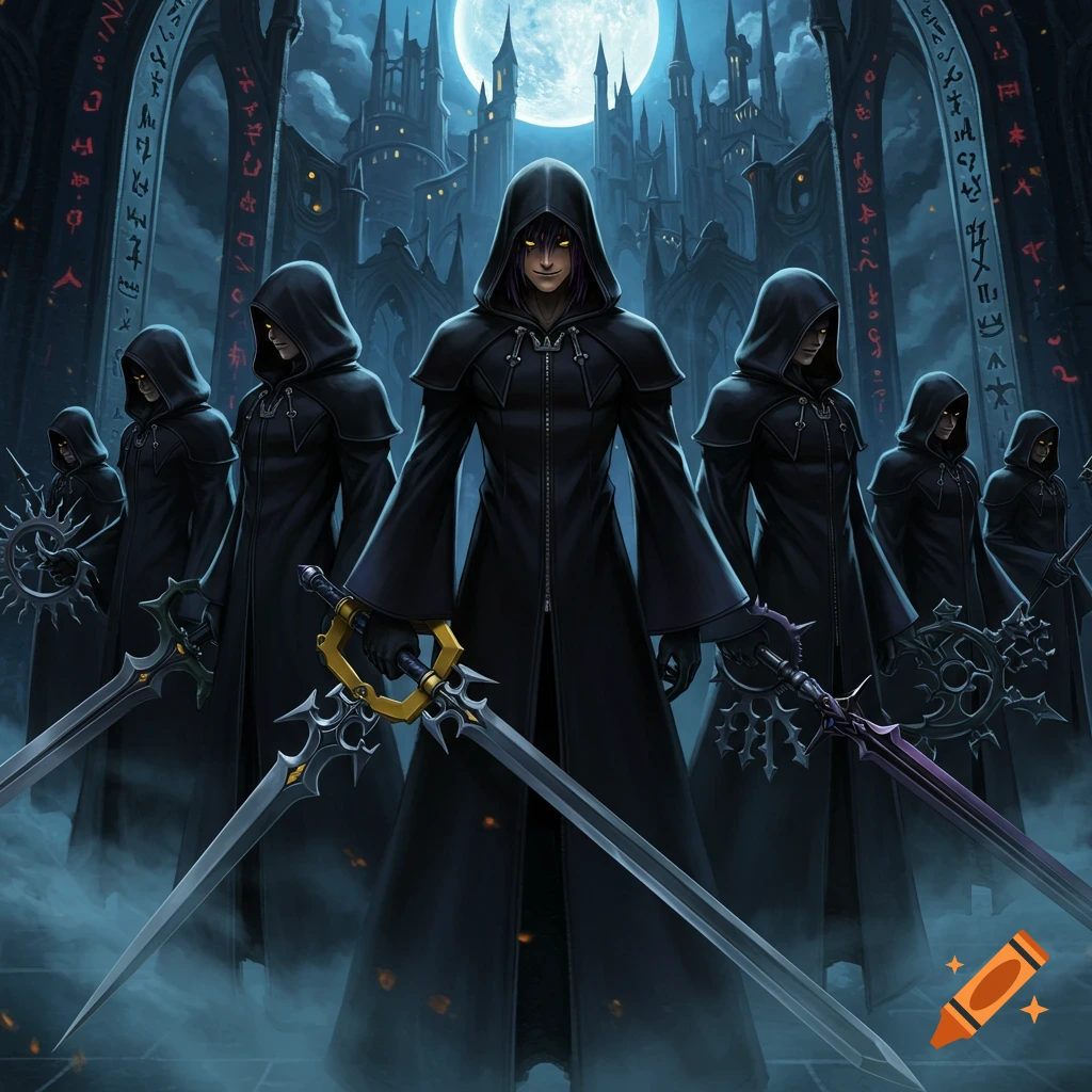 Hooded figures in black cloaks holding swords stand before a gothic castle under a full moon. Dark fantasy, anime style.