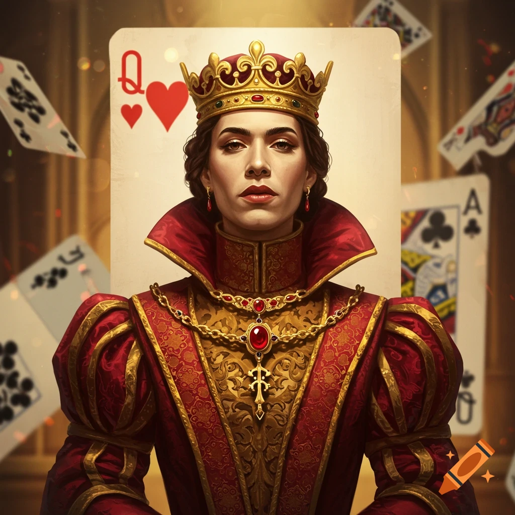 A regal woman dressed as a Queen of Hearts playing card with a golden crown and red gown, with other cards floating in the background.